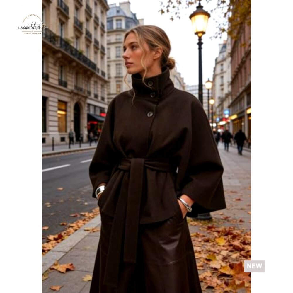 Wool Blend Pea Coat Cape Batwing Sleeve Oversized Chic Winter Cropped Overcoat - Picture 5 of 7